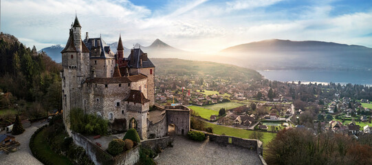 Most beautiful medieval castles of France - Menthon located near lake Annecy. aerial view