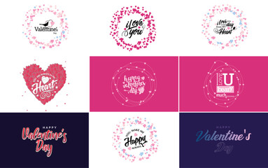 Happy Valentine's Day greeting background in papercut realistic style paper clouds. flying realistic heart on string; pink banner party invitation template; calligraphy words text sign on copy space