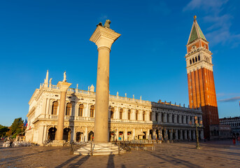 Library of Saint Mark (Biblioteca Marciana) and Campanile tower on San Marco square in Venice, Italy - obrazy, fototapety, plakaty