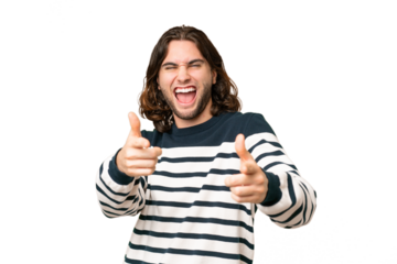 Young handsome man over isolated background pointing to the front and smiling
