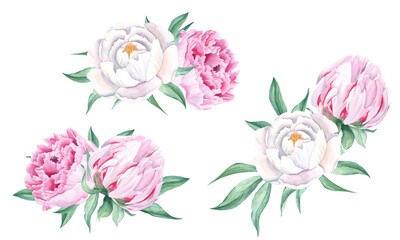 Watercolor peonies bouquets set. Hand painted combination of white and pink flowers and green leaves isolated on white background. Can be used for greeting cards, wedding invitations, save the date
