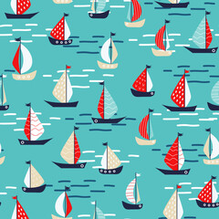 Summer marine seamless pattern with boats at sea. Red and turquoise colors. Yacht trip on the ocean. flat style. For wallpaper, printing on fabric, wrapping