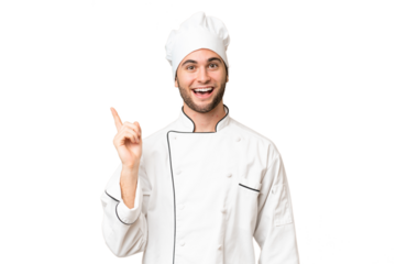 Young handsome chef man over isolated background thinking an idea pointing the finger up