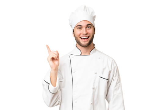 Young handsome chef man over isolated background thinking an idea pointing the finger up