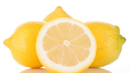 Lemon close up. Whole and half yellow lemons isolated on white background