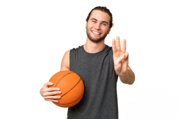 Young basketball player man over isolated background happy and counting three with fingers