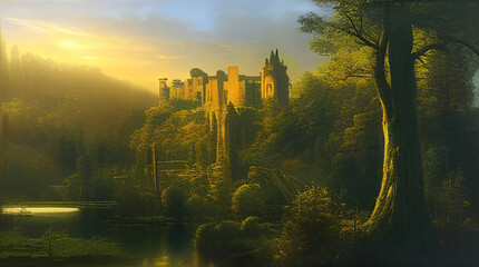 Dreamy landscape with sun rising over castle ruins by a forest lake. Amazing 3D landscape. Digital illustration. CG Artwork Background © Irina B
