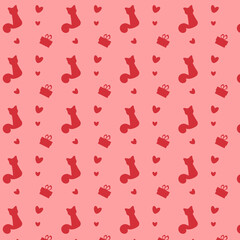 Seamless pattern with red cats and hearts. Vector illustration