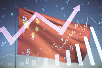 Multi exposure of virtual abstract financial graph and upward arrow on flag of China and sunset sky background, forex and investment concept