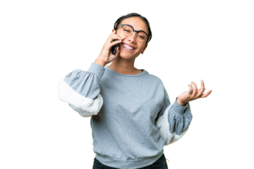Young Uruguayan woman over isolated chroma key background keeping a conversation with the mobile phone with someone