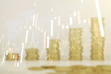 Multi exposure of virtual creative financial graph and world map on stacks of coins background, forex and investment concept