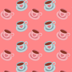 Seamless pattern with pink and blue coffee cups on a red background. Vector illustration