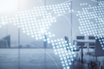 Abstract virtual world map with connections on a modern conference room background, international trading concept. Multiexposure