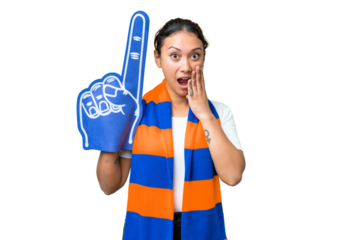 sports fan woman over isolated chroma key background with surprise and shocked facial expression