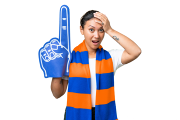 sports fan woman over isolated chroma key background doing surprise gesture while looking to the side