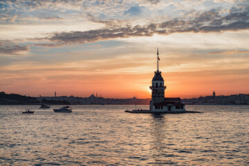 Sunset view of the Maiden's Tower in Istanbul, Turkey