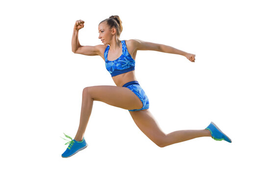  Fit young woman jumping and running at free PNG background  - Young woman running.