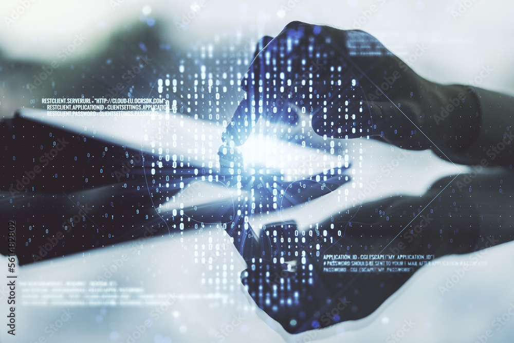 Poster creative code skull hologram and finger presses on a digital tablet on background, cybercrime and ha