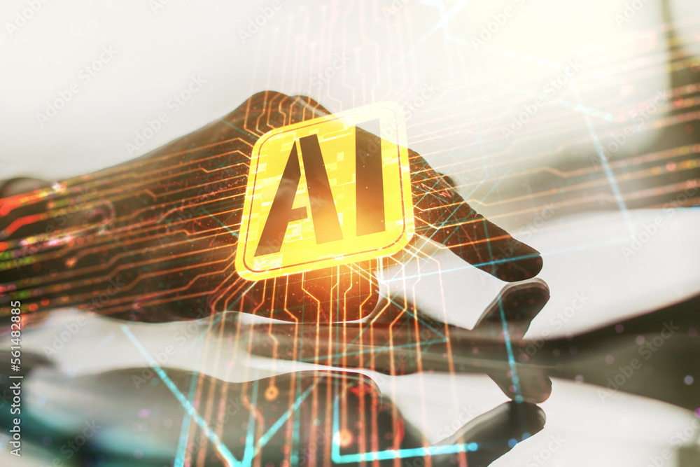 Aufkleber double exposure of creative artificial intelligence icon with finger clicks on a digital tablet on b