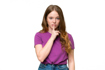 Young pretty woman over isolated background showing a sign of silence gesture putting finger in mouth