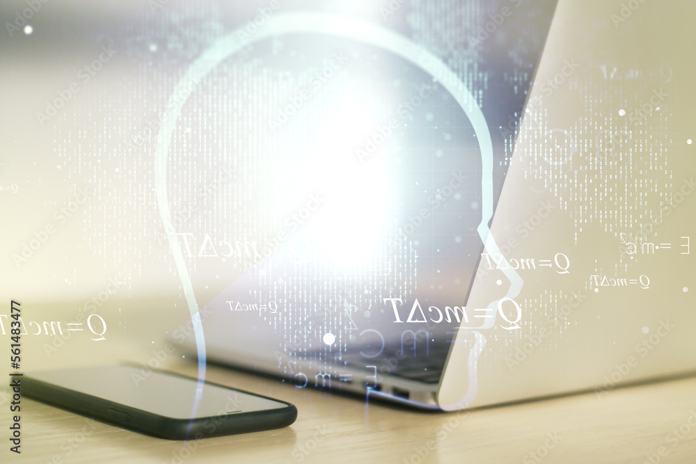 Aufkleber Creative artificial Intelligence concept with human head sketch on modern computer background. Double exposure