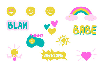 Collection of cute stickers. Funky, hipster stickers. y2k style.