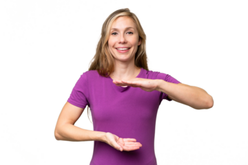 Young blonde woman over isolated background holding copyspace imaginary on the palm to insert an ad
