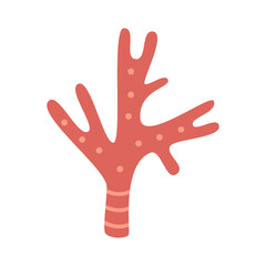 Vector red coral in flat design. Cute water plant with dots. Sea reef. Marine algae.