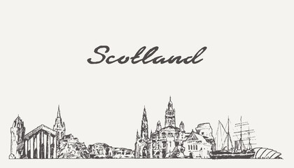 Scotland skyline United Kingdom hand drawn, sketch - obrazy, fototapety, plakaty