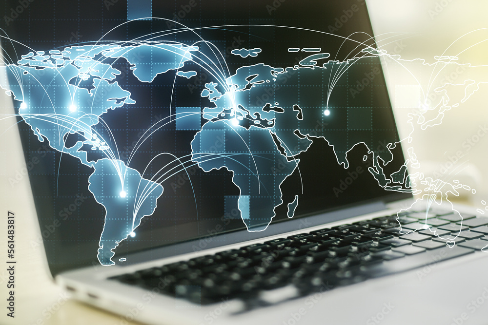 Aufkleber abstract graphic digital world map with connections on modern computer background, globalization con