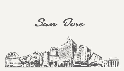 Fototapeta premium San Jose skyline California USA hand drawn, sketch