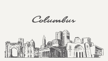 Columbus skyline, Ohio, USA, hand drawn, sketch - obrazy, fototapety, plakaty