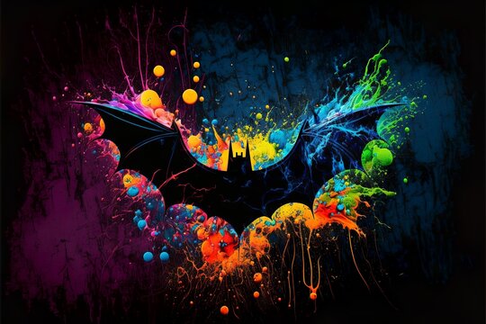 Painted animal with paint splash painting technique on colorful background bat