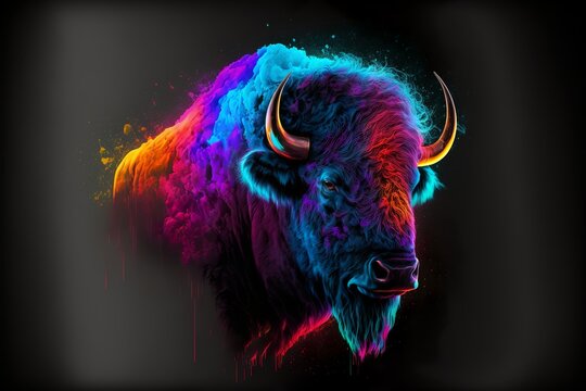 Painted animal with paint splash painting technique on colorful background bison
