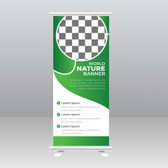 Green Nature Roll Up Banner Background Layout Template for Presentation, X-stand, Exhibition Display, Retractable Banner Stand