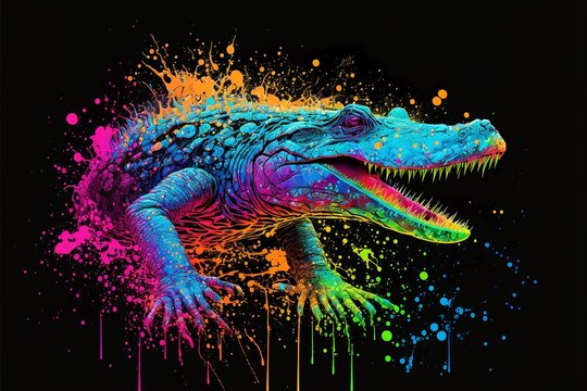 Painted animal with paint splash painting technique on colorful background crocodile