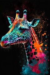 Painted animal with paint splash painting technique on colorful background giraffe