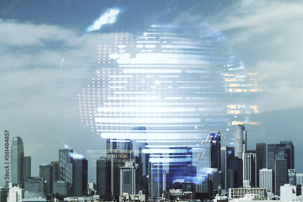 Poster multi exposure of abstract programming language hologram and world map on los angeles office buildin