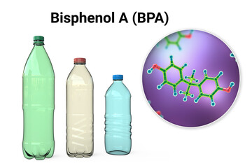 Bisphenol A molecule and plastic bottles, 3D illustration. Organic compound used in manufacturing of plastics