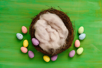 Newborn digital background with wood and easter decorations