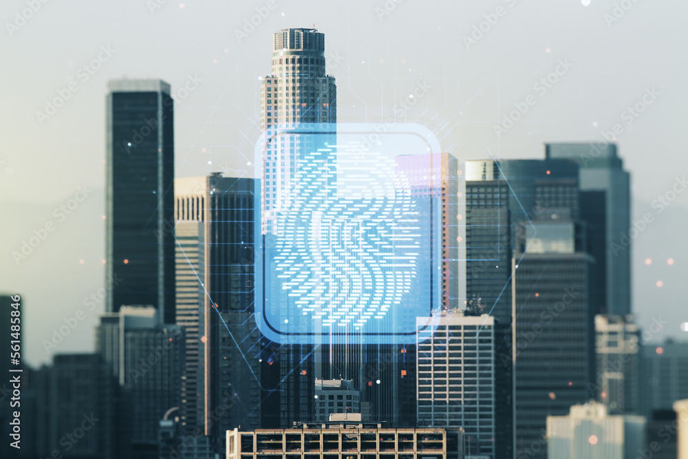 Aufkleber Multi exposure of virtual graphic fingerprint sketch on Los Angeles cityscape background fingerprint scan data concept