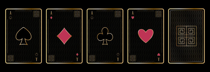 Four aces Set of playing card suits and back design Golden gradient color on black background Art deco style Isolated vector illustration