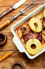 Roasted meat in baking dish