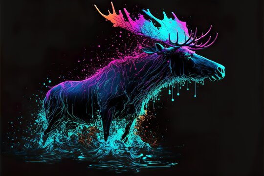 Painted animal with paint splash painting technique on colorful background moose
