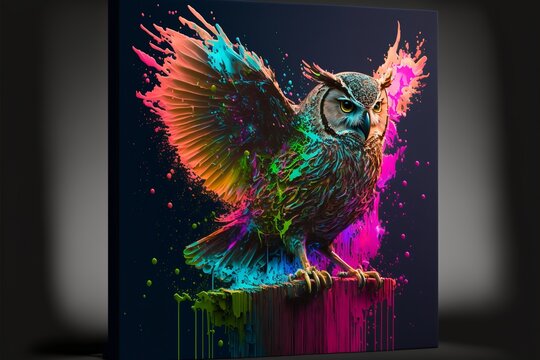 Painted animal with paint splash painting technique on colorful background owl