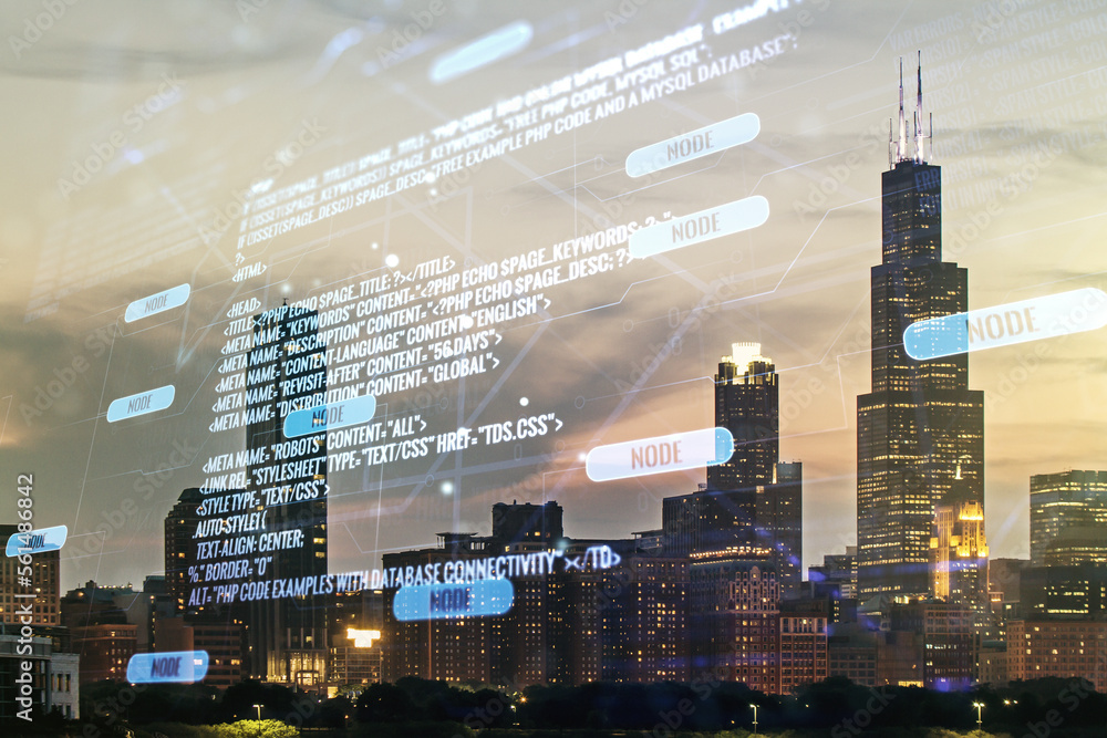 Poster double exposure of abstract programming language interface on chicago city skyscrapers background, r