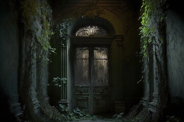 Abandoned old Tudor mansion interior. Doorway with moss and ivy. Rusty old room.