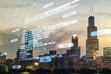 Double exposure of abstract programming language interface on Chicago city skyscrapers background, research and development concept