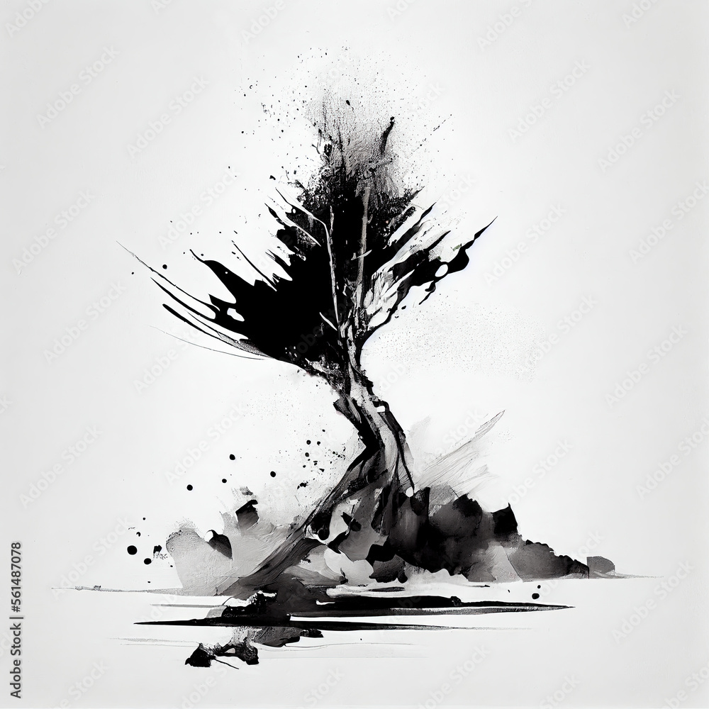 Wall mural Zen black and white painting of a tree - By Generative AI - Wall murals