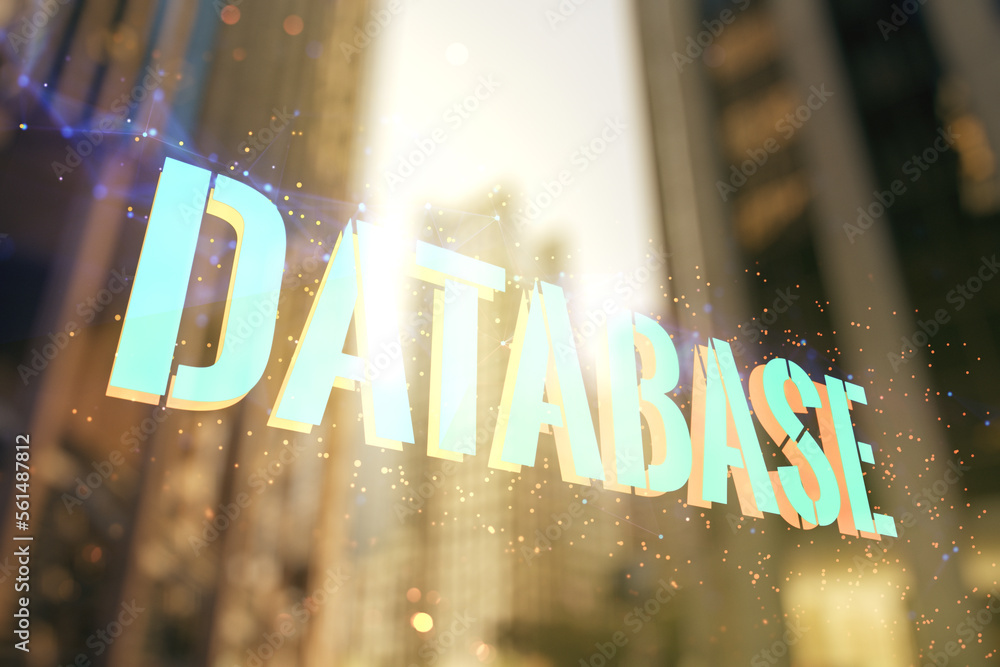 Aufkleber double exposure of database word sign on office buildings background, global research and analytics 